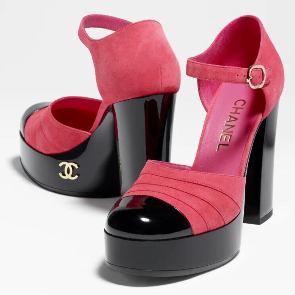 CHANEL Mary Janes Platform Heels, Dark Pink & Black - Retail $1300, NIB